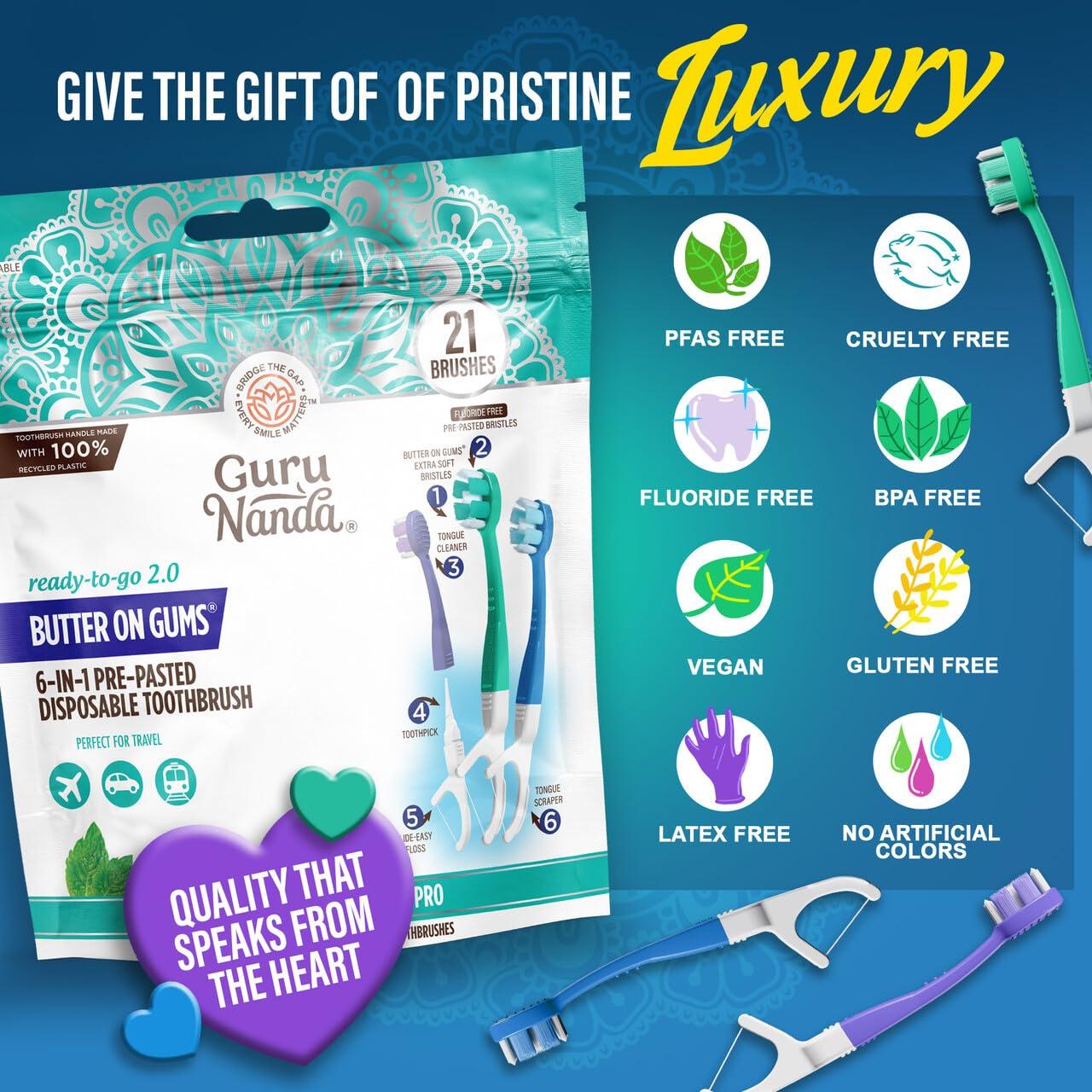 imageGuruNanda 6in1 ReadytoGo Disposable Toothbrush PrePasted Butter on Gums Softex Bristles Floss ampamp Toothpick Tongue ampamp Cheek Cleaner Individually Wrapped ampamp TSA Friendly 21 Ct