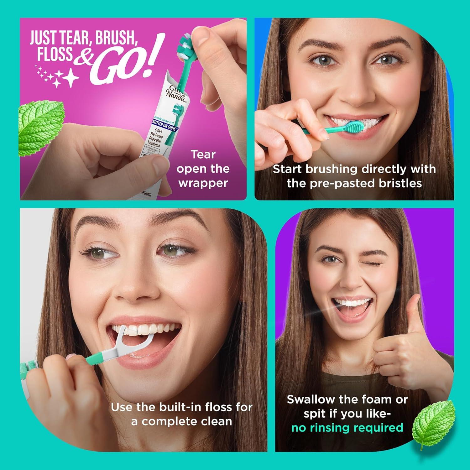 imageGuruNanda 6in1 ReadytoGo Disposable Toothbrush PrePasted Butter on Gums Softex Bristles Floss ampamp Toothpick Tongue ampamp Cheek Cleaner Individually Wrapped ampamp TSA Friendly 21 Ct