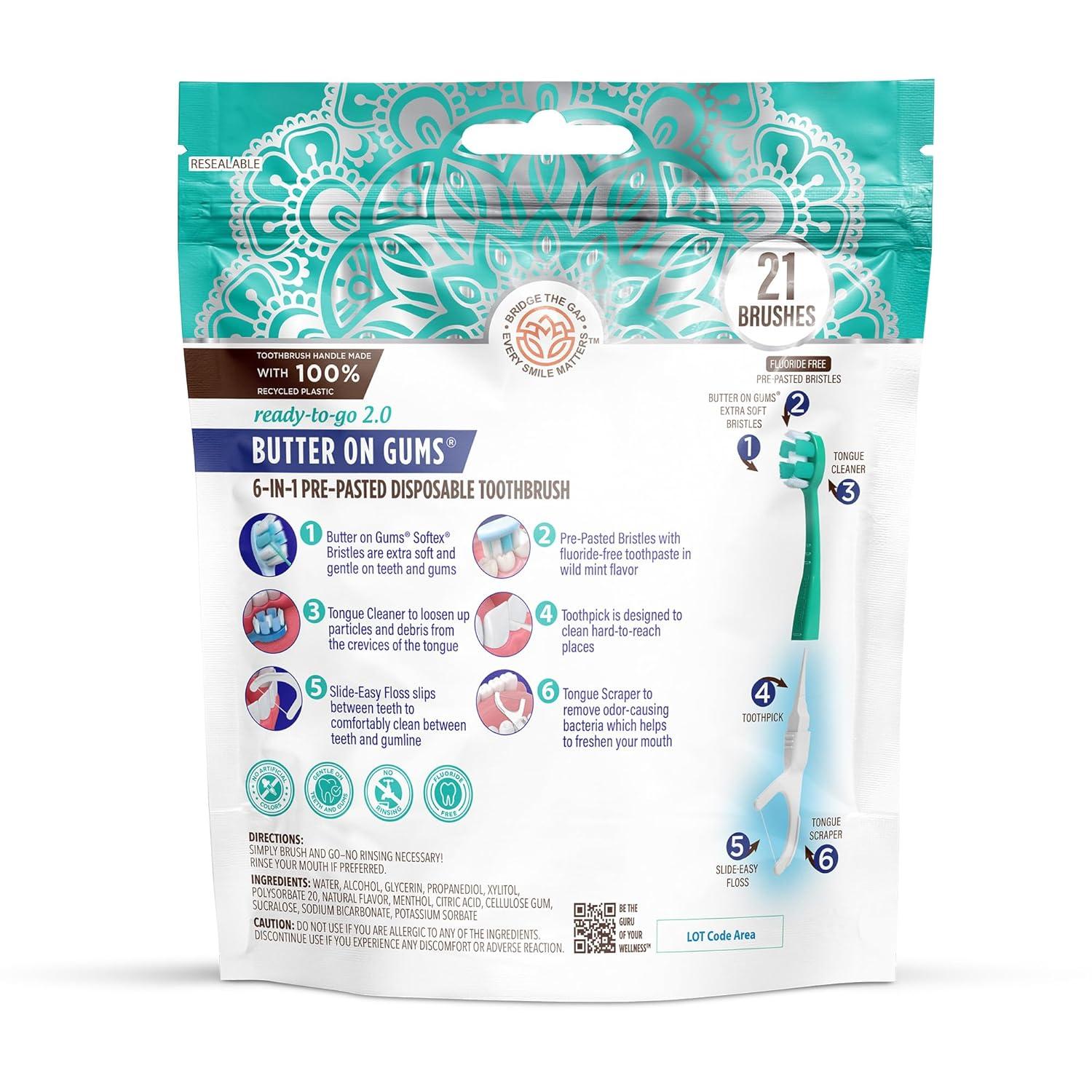 imageGuruNanda 6in1 ReadytoGo Disposable Toothbrush PrePasted Butter on Gums Softex Bristles Floss ampamp Toothpick Tongue ampamp Cheek Cleaner Individually Wrapped ampamp TSA Friendly 21 Ct