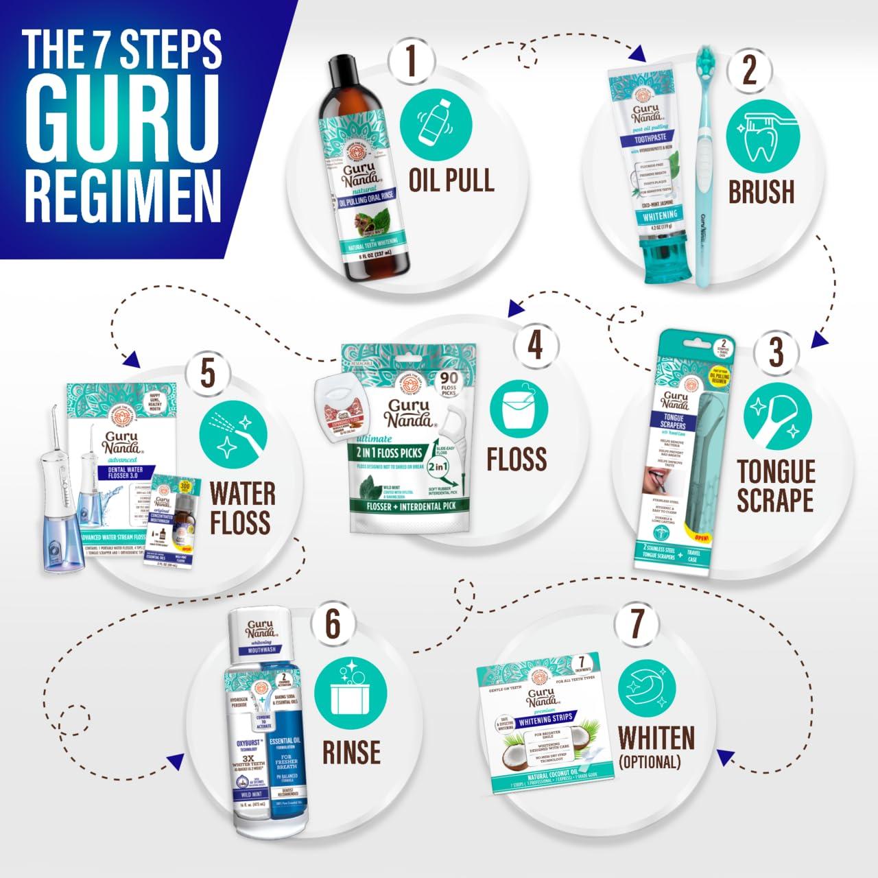 imageGuruNanda 7Step Regimen 10 Oil Pulling Toothbrush Tongue Scraper Floss Water Flosser Mouthwash Whitening Strips for Complete Oral Care Pack of 8