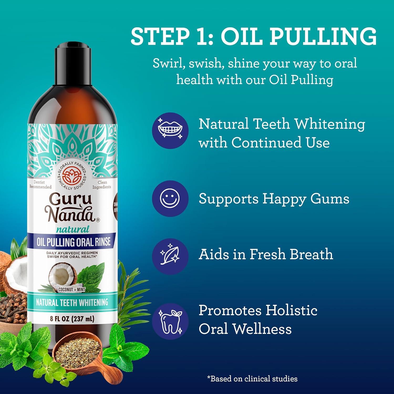 imageGuruNanda 7Step Regimen 10 Oil Pulling Toothbrush Tongue Scraper Floss Water Flosser Mouthwash Whitening Strips for Complete Oral Care Pack of 8