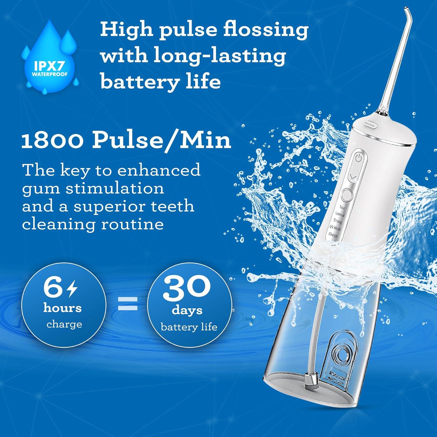 imageGuruNanda Advanced Dental Water Flosser 20 with UV Mode Cordless and Portable 290 ml Water Tank 3 Modes Rechargeable for Healthy Teeth and Gums