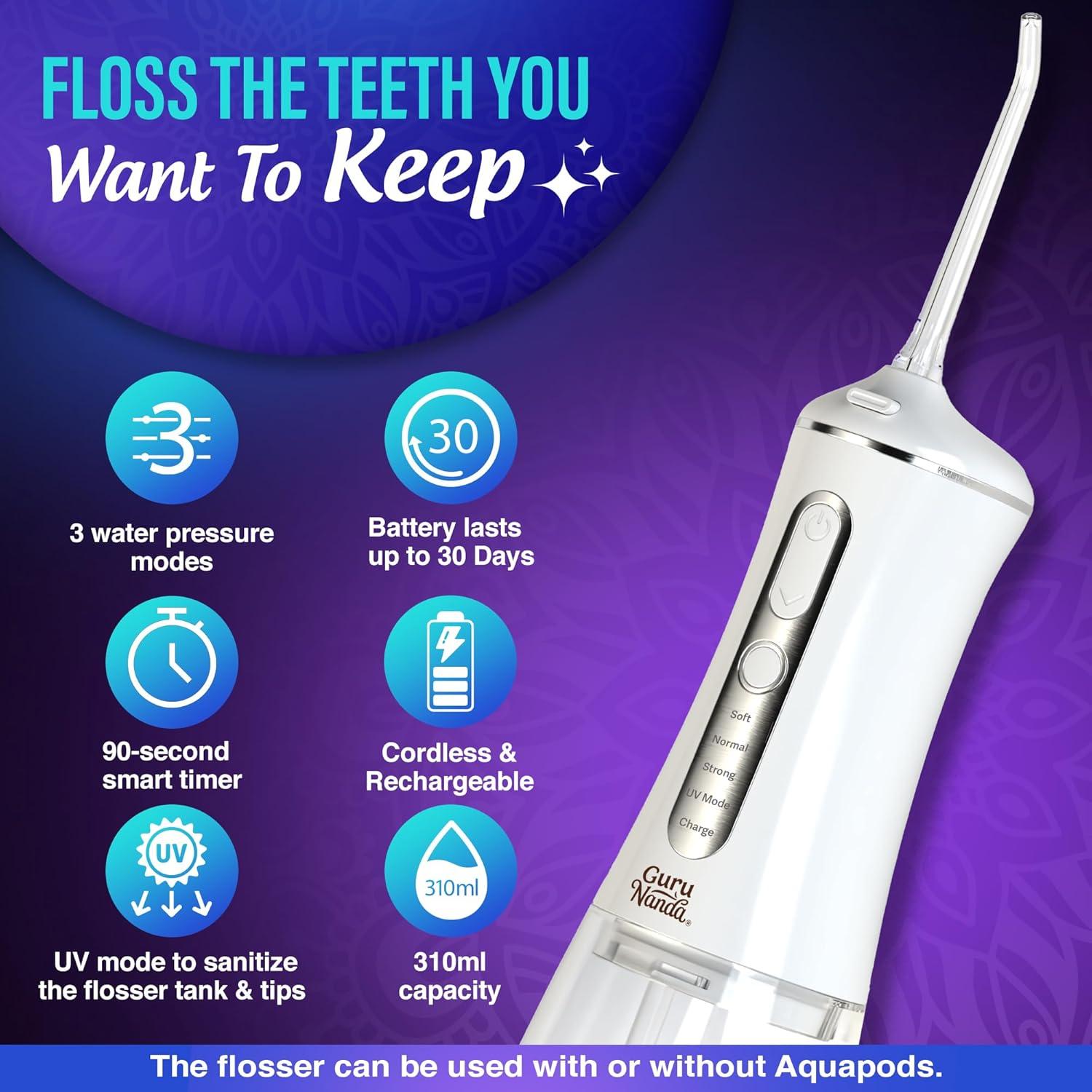 imageGuruNanda Advanced Dental Water Flosser 30 with UV Mode Water Flosser ampamp 24 Aquapods with Mouthwash for Fresh Breath ampamp Plaque Removal Compact ampamp TSAApproved