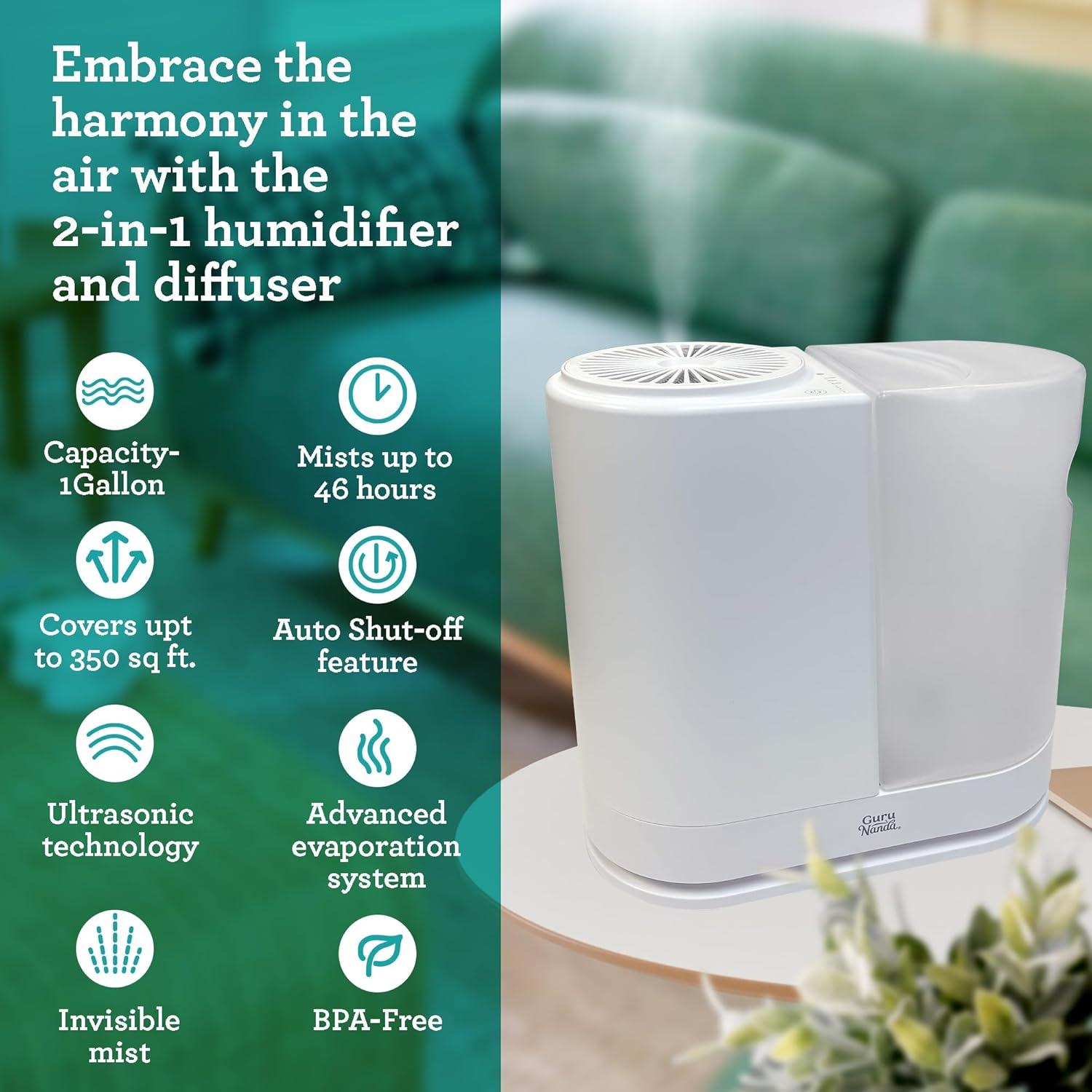 imageGuruNanda AeroMist 2in1 Humidifier and Diffuser with Ultrasonic Technology 46 Hours Cool Mist 350 sq ft Coverage ampamp Auto ShutOff BPAFree Aromatherapy Diffuser for Yoga Living Rooms ampamp Spas