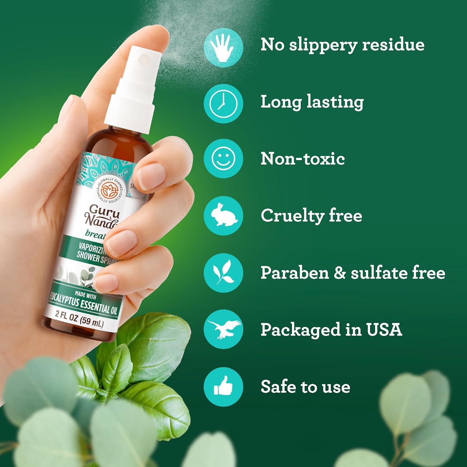 imageGuruNanda Breathe Vaporizing Shower Spray Natural Spa Mist ampamp Room Spray with Eucalyptus ampamp Basil for Congestion Aid ampamp Support Mental Clarity 2 fl ozEucalyptus
