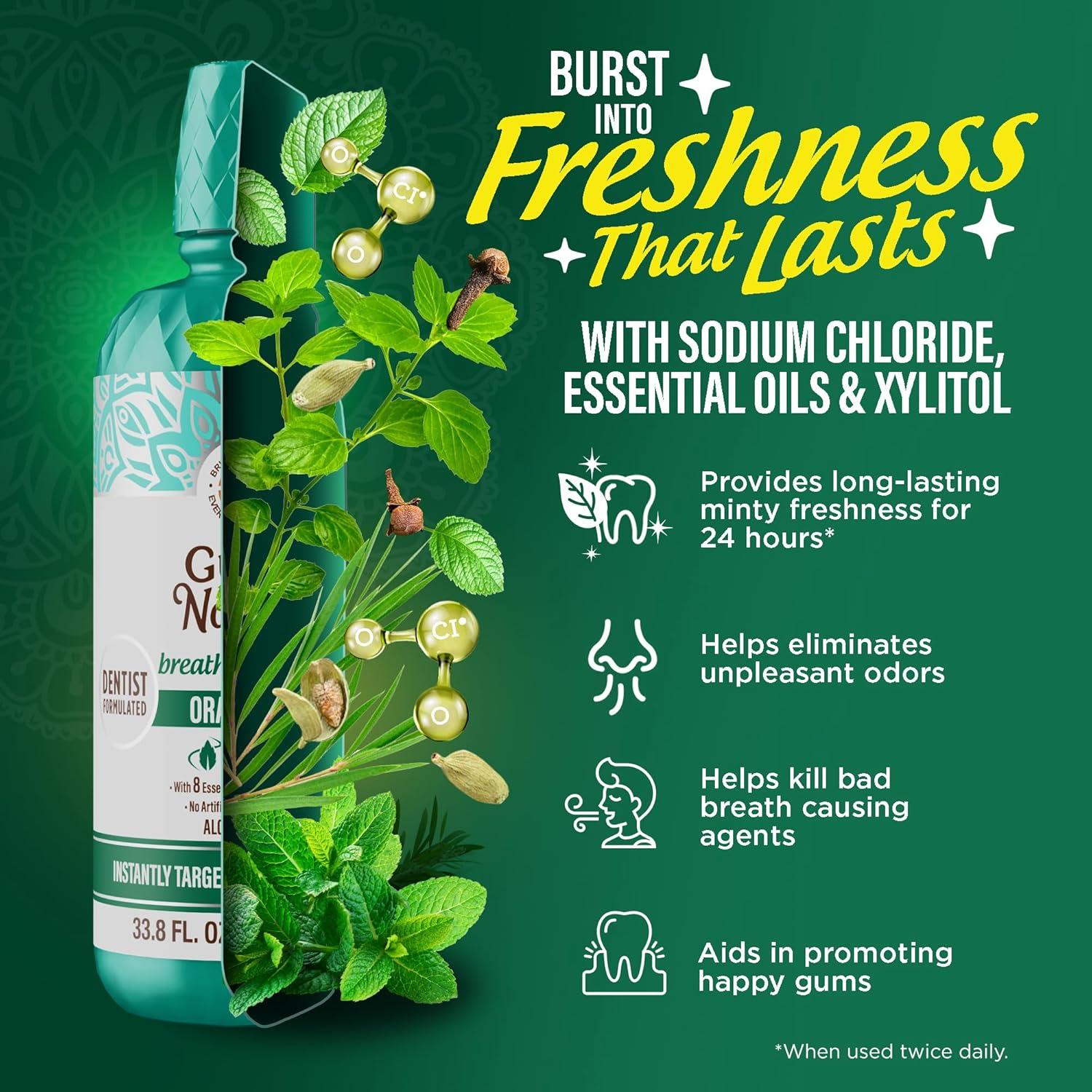 imageGuruNanda Fresh Breath Mouthwash ADAAccepted Alcohol ampamp FluorideFree Sodium Chlorite Essential Oils ampamp Vitamins 12Hrs Fresh Breath Wild Mint 3 oz338 Fl Oz Pack of 1