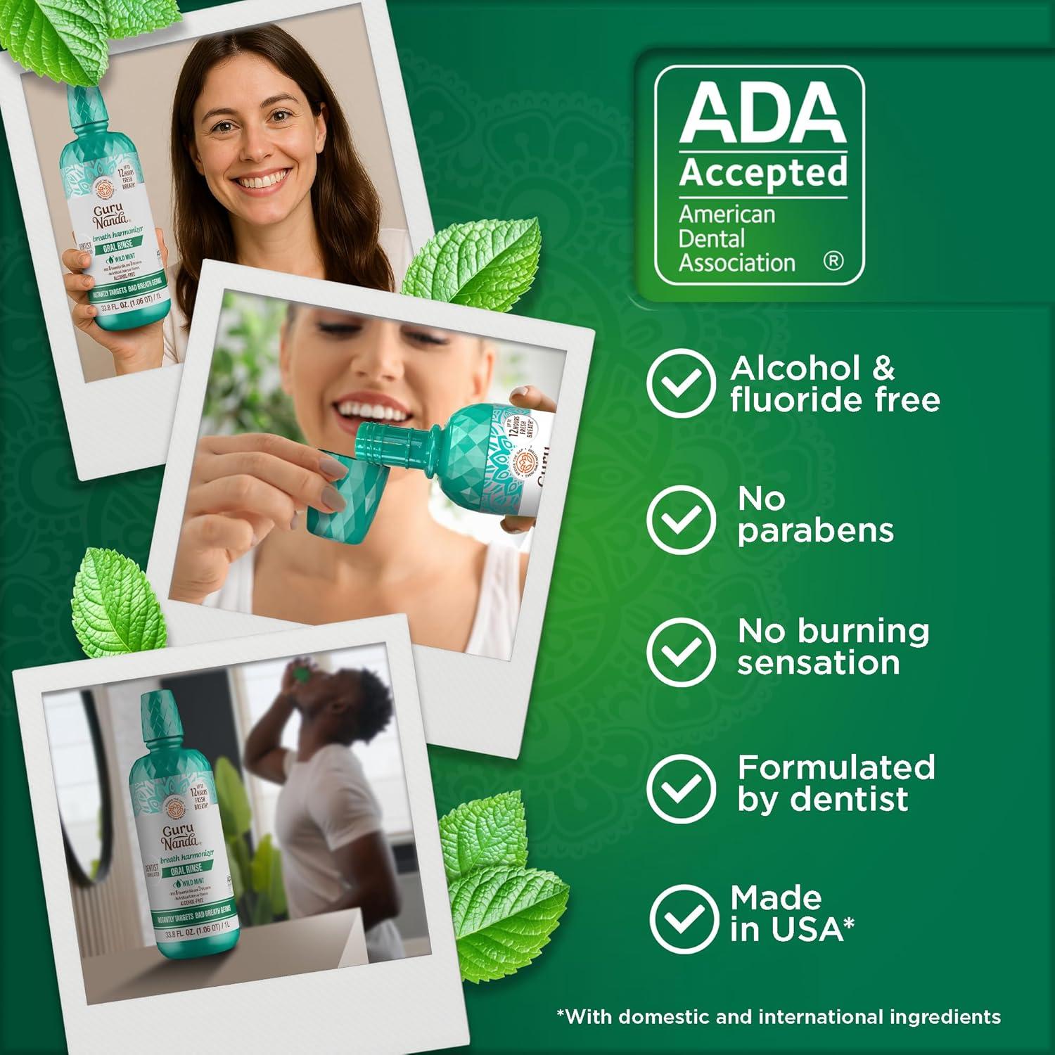 imageGuruNanda Fresh Breath Mouthwash ADAAccepted Alcohol ampamp FluorideFree Sodium Chlorite Essential Oils ampamp Vitamins 12Hrs Fresh Breath Wild Mint 3 oz338 Fl Oz Pack of 1