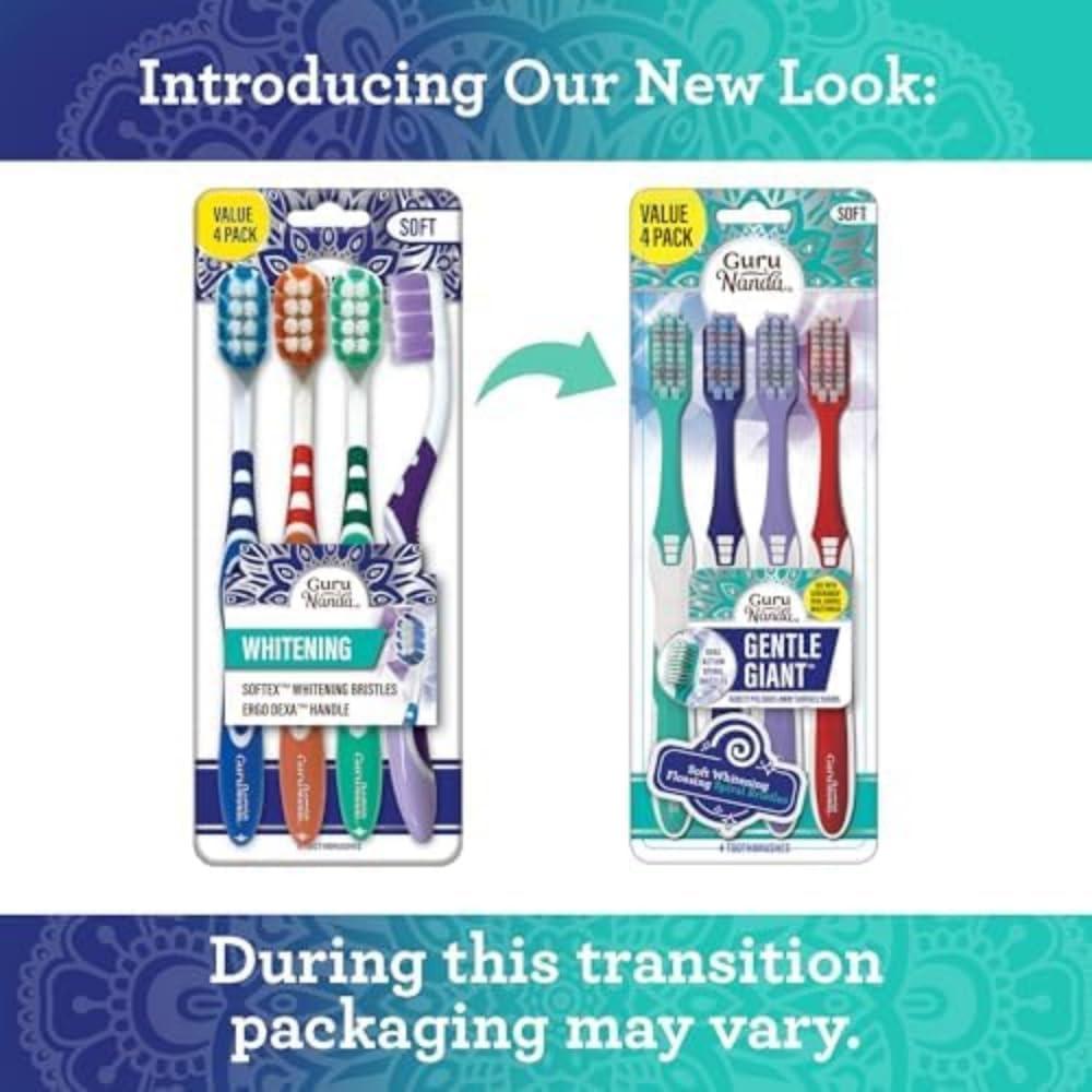 imageGuruNanda Gentle Giant Toothbrush with Dual Action Flossing Spiral Bristles NonSlip Ergo Dexa Grip Helps in Teeth Whitening BPA Free 4 CountWhitening