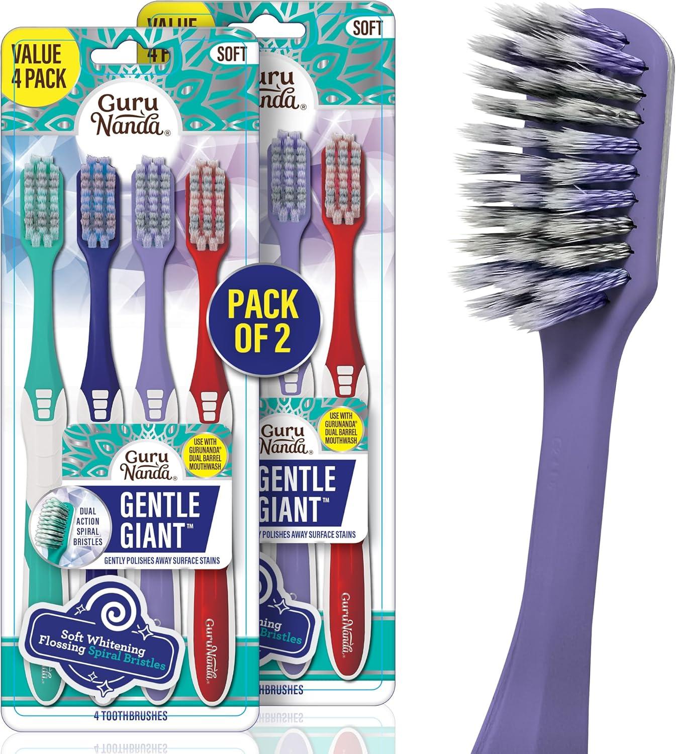 imageGuruNanda Gentle Giant Toothbrush with Dual Action Flossing Spiral Bristles NonSlip Ergo Dexa Grip Helps in Teeth Whitening BPA Free 4 CountWhitening