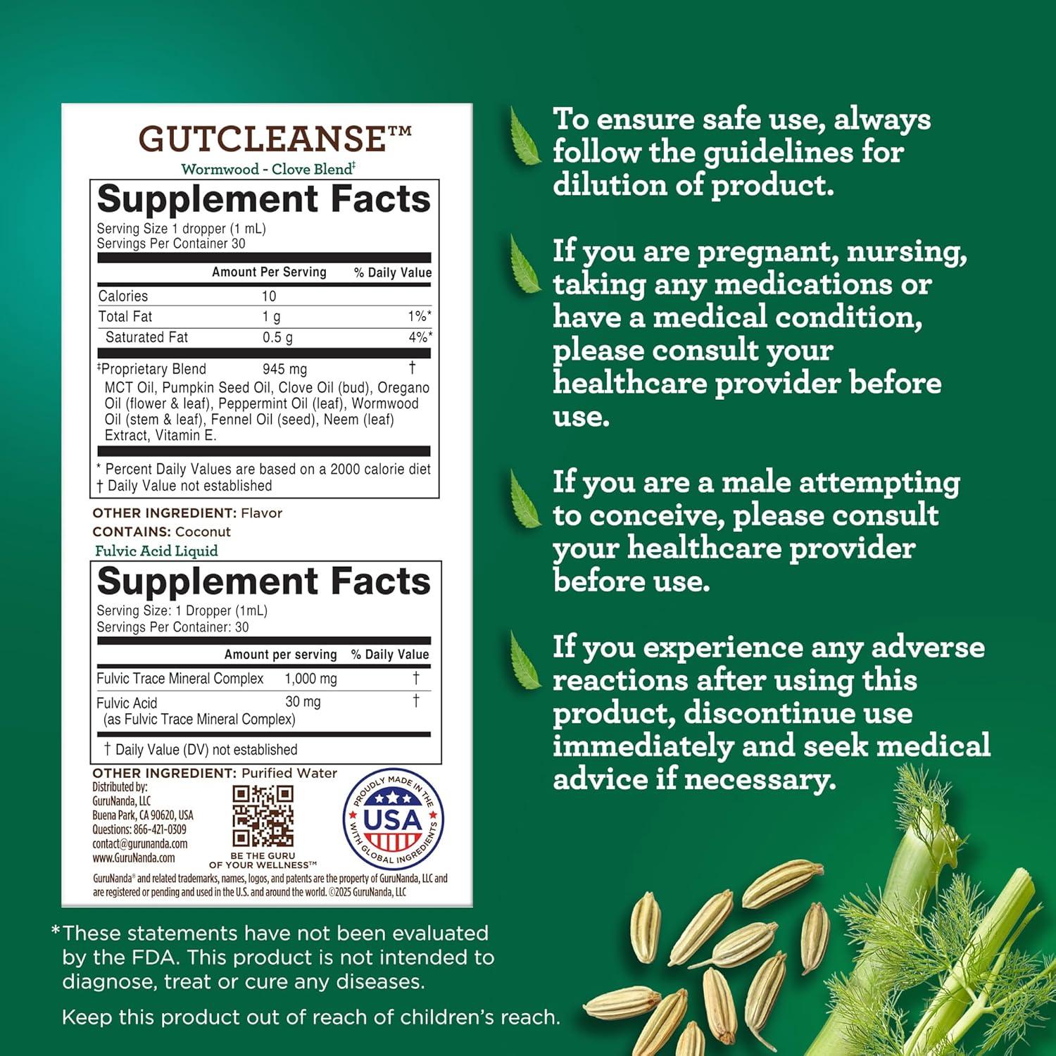 imageGuruNanda Gutcleanse 2Step Kit Dietary Supplement to Help with Digestion Blend of Fulvic Acid Wormwood Clove ampamp Neem Extract 2x1 FlOz