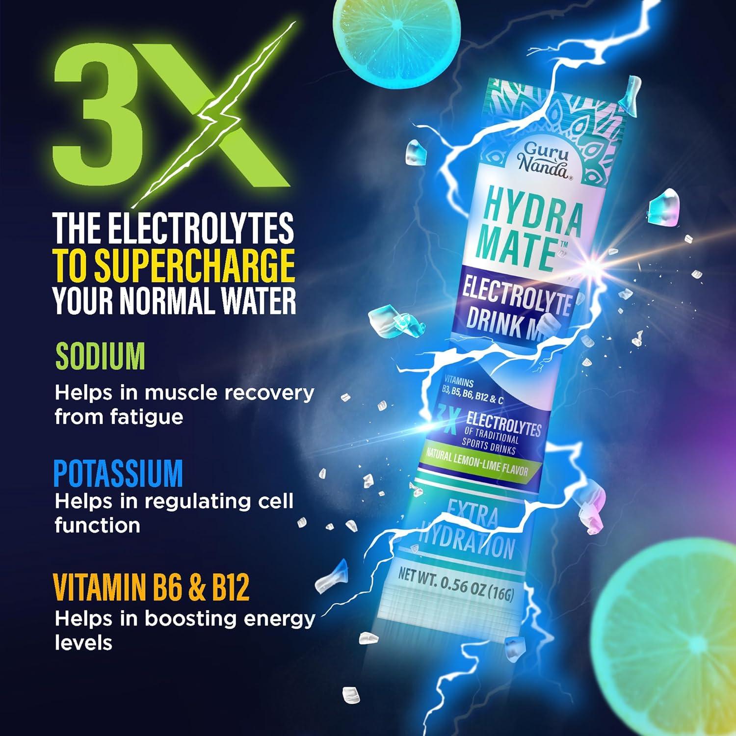 imageGuruNanda Hydramate Hydration Support Drink Mix Electrolyte Powder Packets for Dehydration Exercise ampamp Energy No Added Sweeteners NonGMO Natural Lemon Lime Flavor 12 Count 056 oz Each1344 Ounce Pack of 1