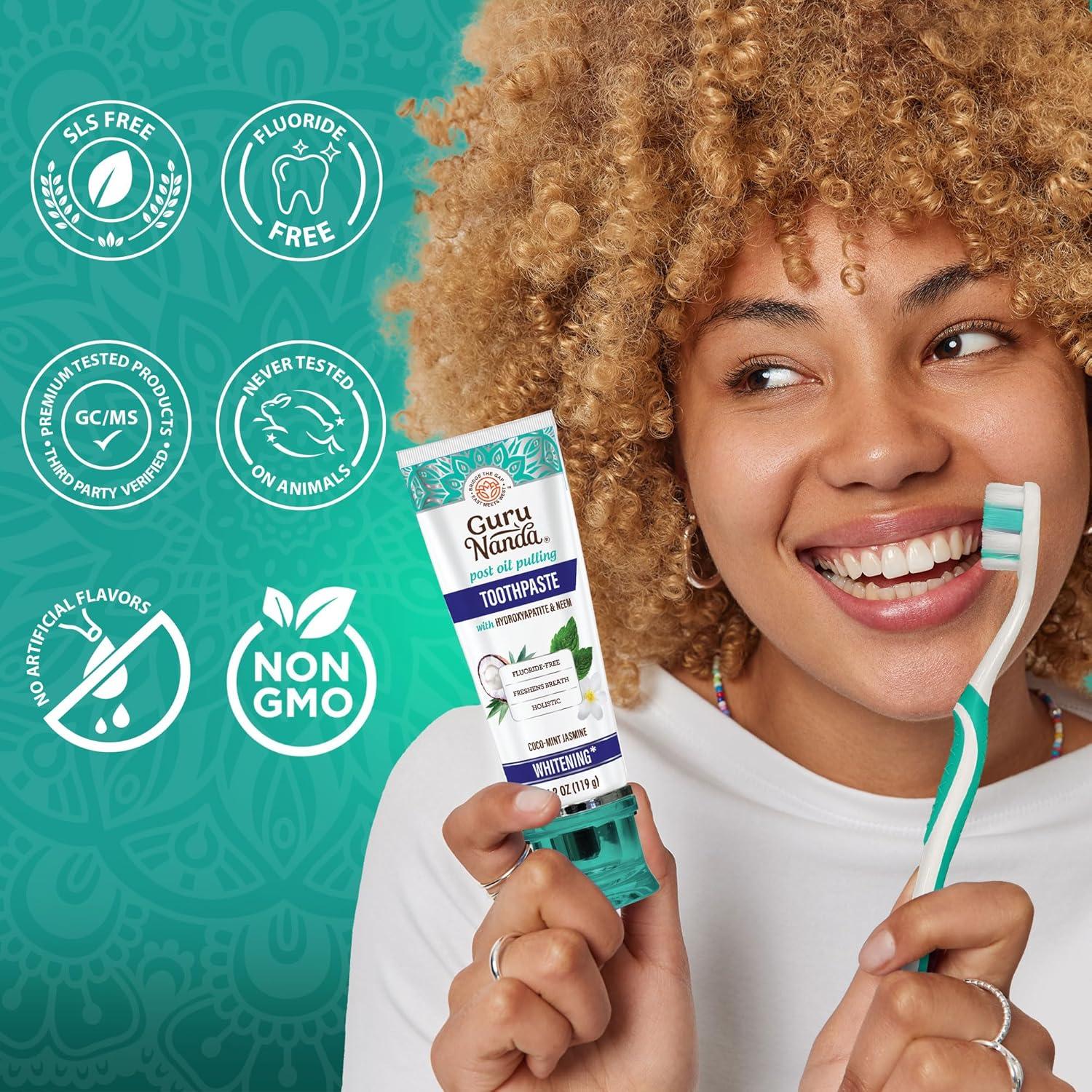 imageGuruNanda Hydroxyapatite Toothpaste SLS ampamp Fluoride Free 4 Pack Whitening Toothpaste Freshens Breath Fights Plaque with 2 Toothbrushes 2 Tongue Scrapers ampamp 2 Tube Squeezers42 Ounce Pack of 1