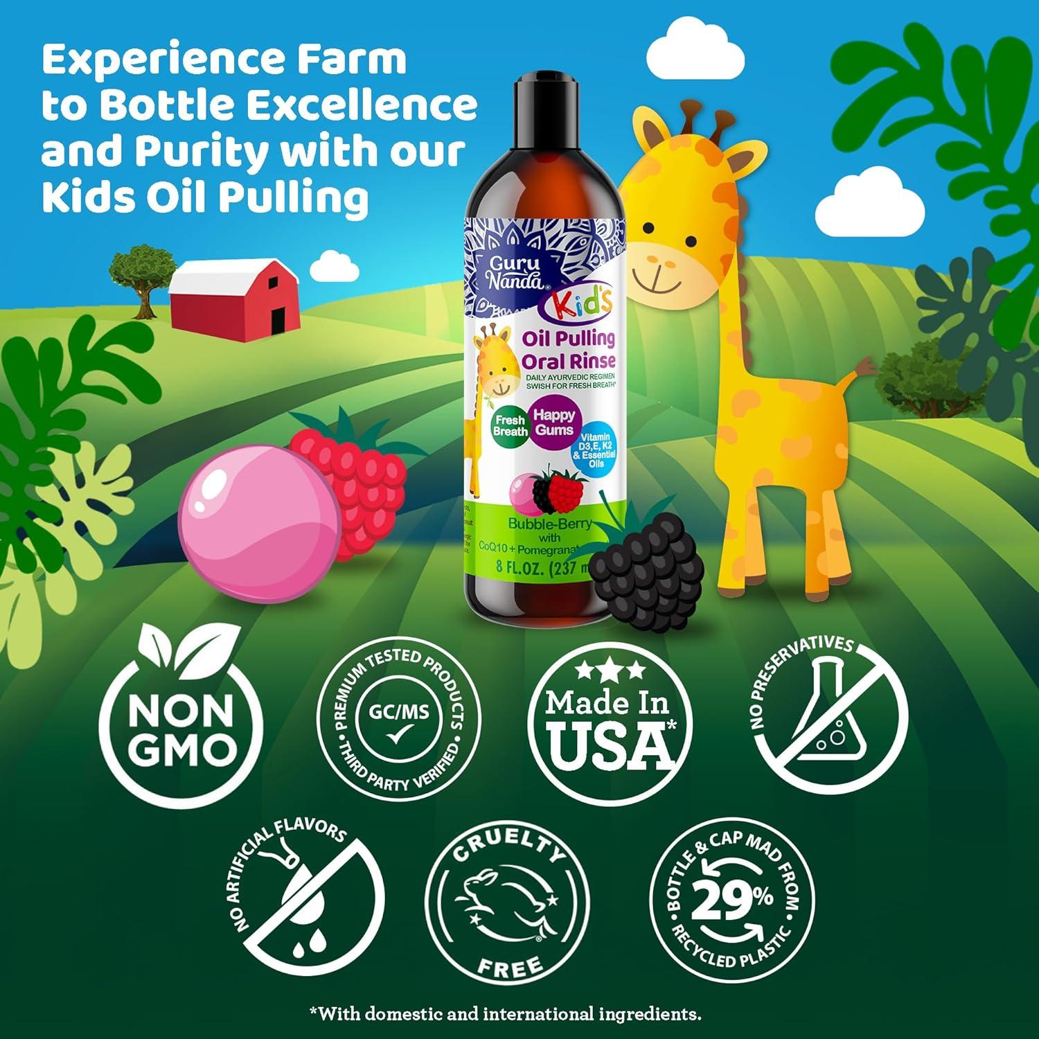 imageGuruNanda Kids Oil Pulling AlcoholFree Mouthwash Essential Oils ampamp Vitamins for Fresh Breath ampamp Happy Gums for Ages 6 ampamp up Natural Bubble Berry 8 Oz