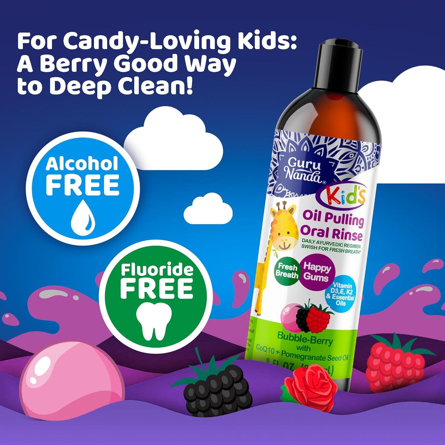 imageGuruNanda Kids Oil Pulling AlcoholFree Mouthwash Essential Oils ampamp Vitamins for Fresh Breath ampamp Happy Gums for Ages 6 ampamp up Natural Bubble Berry 8 Oz