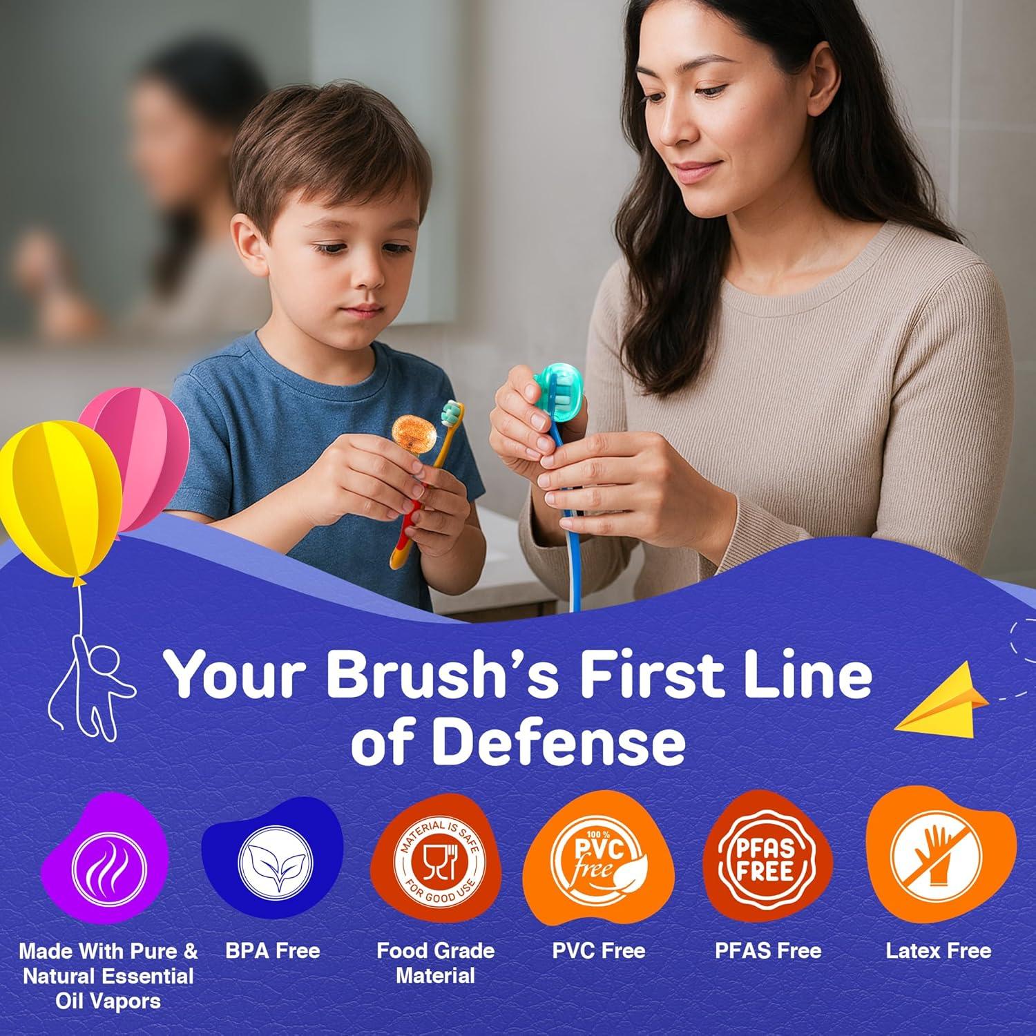 imageGuruNanda Kids Toothbrush Protector Ventilated Brush Pod ClipOn Cover to Fit Most Kids Toothbrushes Natural Essential Oil Vapor Wick Colors May Vary 1 Count