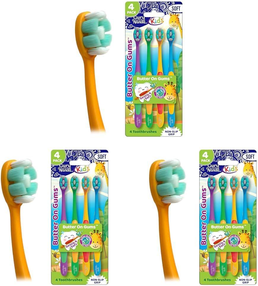 imageGuruNanda Kids Toothbrush with Suction Cup ampamp Fun Animal Designs Soft Bristles for Healthy Gums NonSlippery ampamp MessFree Toothbrush 3 Age 4 CountButter on Gums Toothbrush