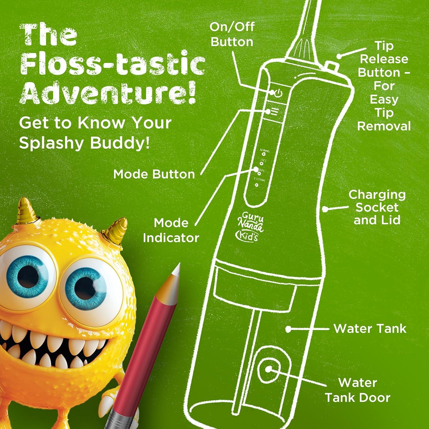 imageGuruNanda Kids Water Dental Flosser 4 Flossing Modes 4 Nozzles 2Min Smart Timer Ages 6 Monster Frens Theme Portable Oral Care for Kids