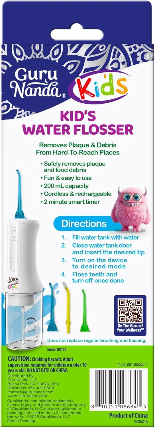 imageGuruNanda Kids Water Dental Flosser 4 Flossing Modes 4 Nozzles 2Min Smart Timer Ages 6 Monster Frens Theme Portable Oral Care for Kids