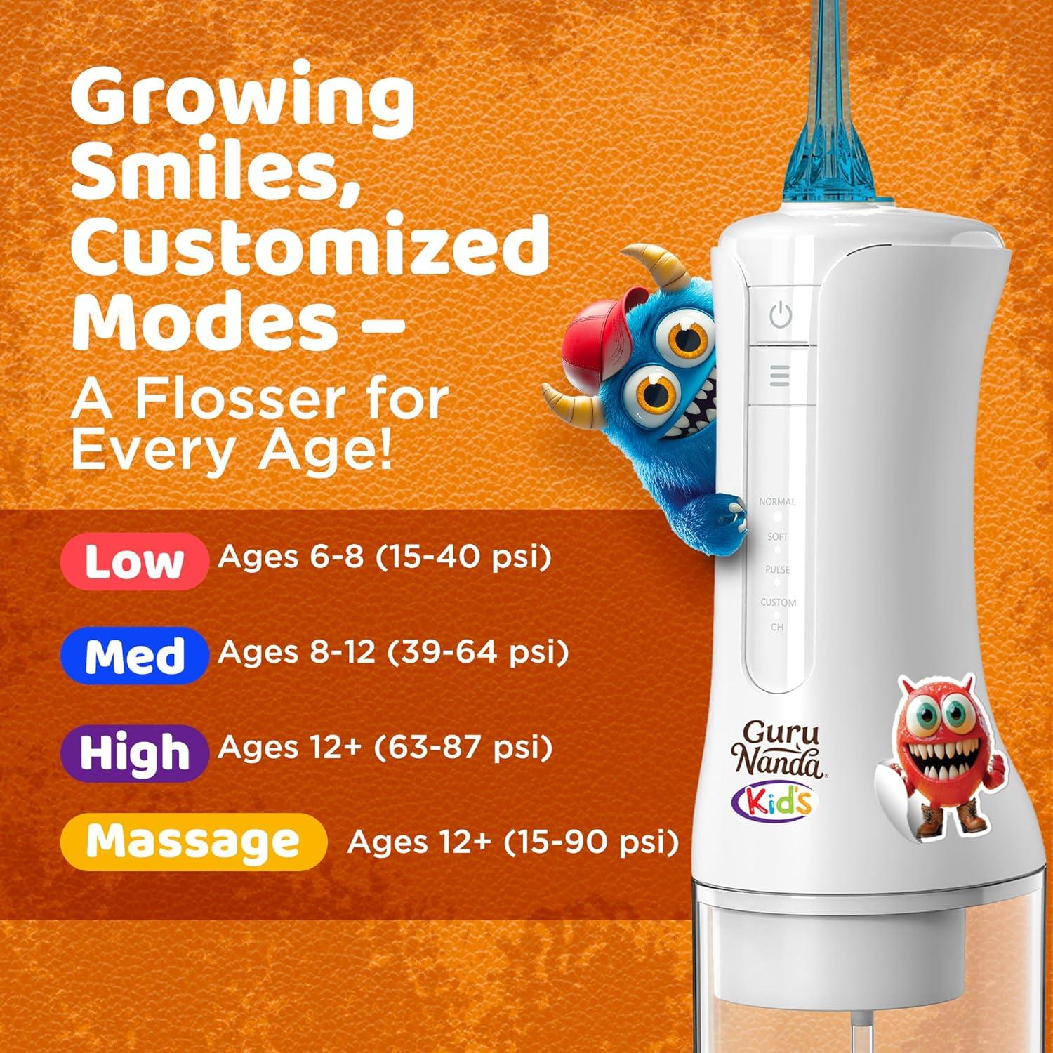 imageGuruNanda Kids Water Dental Flosser 4 Flossing Modes 4 Nozzles 2Min Smart Timer Ages 6 Monster Frens Theme Portable Oral Care for Kids