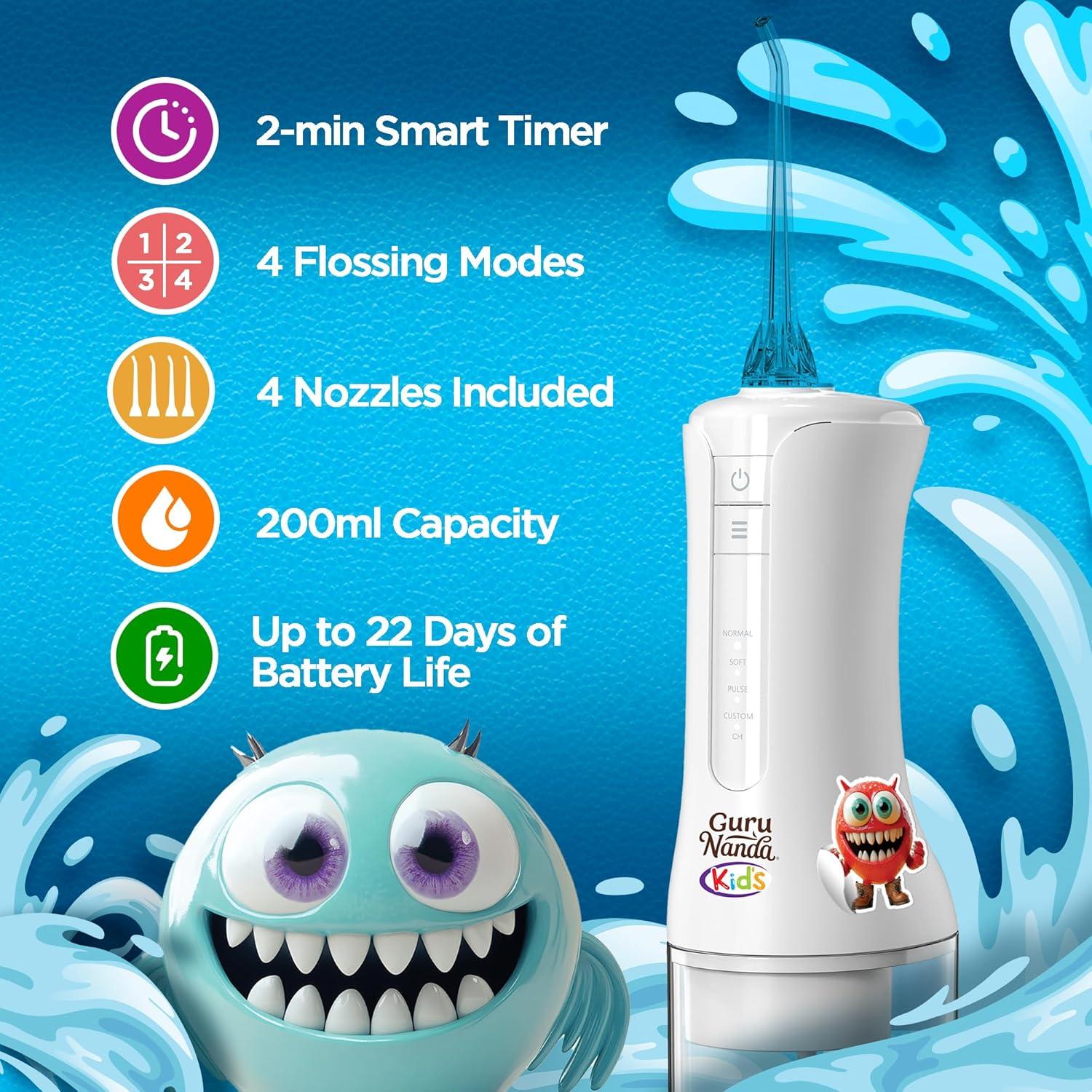 imageGuruNanda Kids Water Dental Flosser 4 Flossing Modes 4 Nozzles 2Min Smart Timer Ages 6 Monster Frens Theme Portable Oral Care for Kids