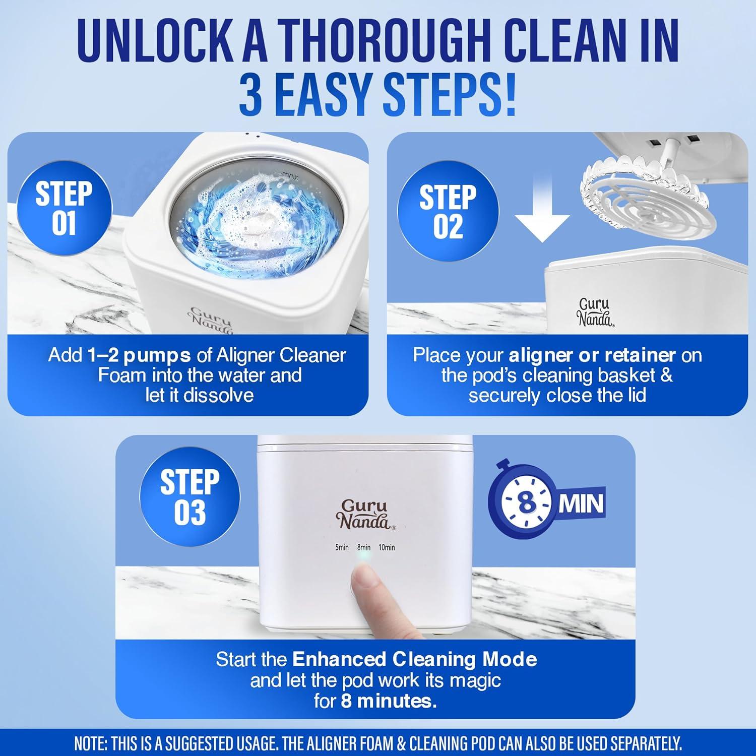 imageGuruNanda Retainer Cleaner Set Ultrasonic ampamp UV Cleaning Pod ampamp Aligner Cleaning Foam Deep Clean ampamp Odor Neutralization for Retainers Aligners Dentures ampamp Mouthguards