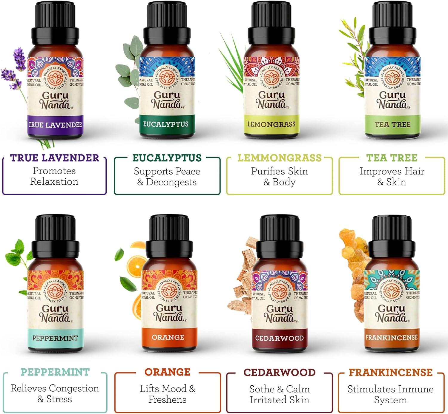 imageGuruNanda Set of 8 Essential Oils 15ml x 8 100 Pure Aromatherapy Oils for Diffuser Massage Candle Making Lavender Peppermint Eucalyptus Orange Lemongrass Cedarwood Tea Tree Frankincense