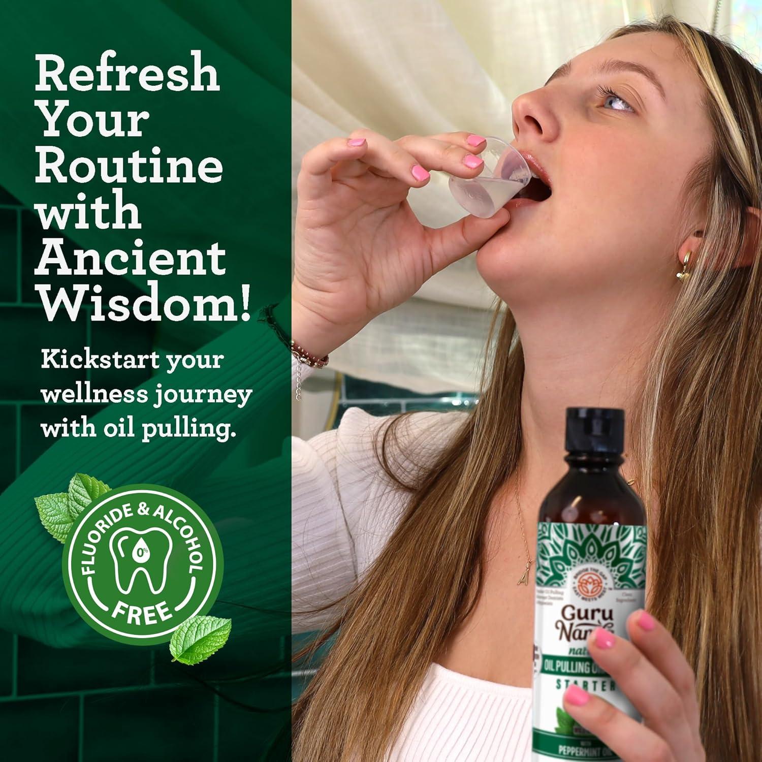 imageGuruNanda Starter Pulling Oil Mouthwash for Natural Teeth Whitening Coconut and Peppermint Oil for Fresh Breath ampamp Happy Gums with Toothbrush ampamp Tongue Scraper AlcoholFree 8 Oz8 Fl Oz Pack of 1