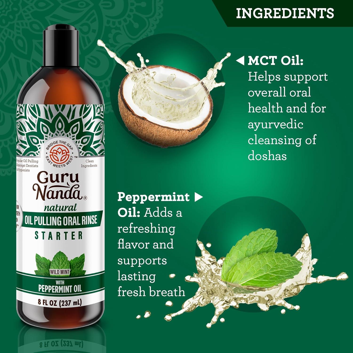 imageGuruNanda Starter Pulling Oil Mouthwash for Natural Teeth Whitening Coconut and Peppermint Oil for Fresh Breath ampamp Happy Gums with Toothbrush ampamp Tongue Scraper AlcoholFree 8 Oz8 Fl Oz Pack of 1