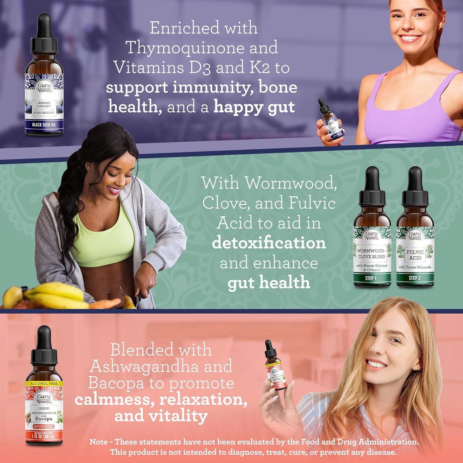 imageGuruNanda Total Wellness Boost with Liquid Ashwagandha Black Seed Oil ampamp GutCleanse Helps with Immunity and Mind Care