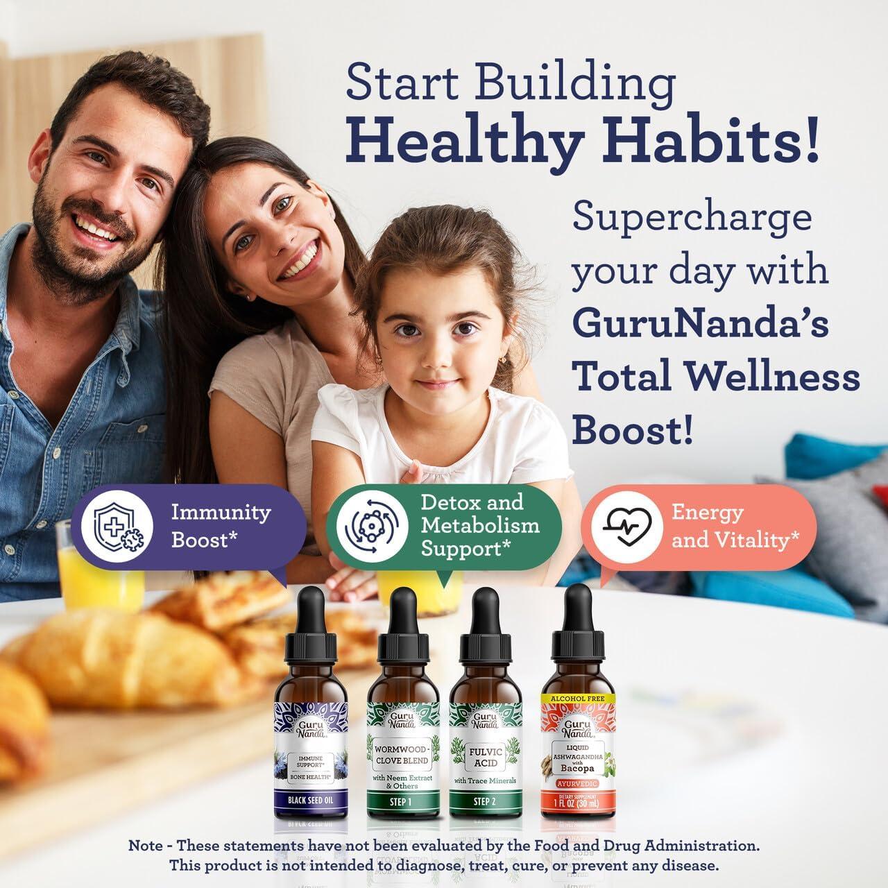 imageGuruNanda Total Wellness Boost with Liquid Ashwagandha Black Seed Oil ampamp GutCleanse Helps with Immunity and Mind Care
