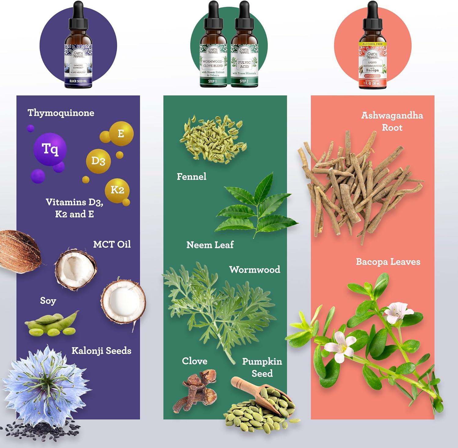 imageGuruNanda Total Wellness Boost with Liquid Ashwagandha Black Seed Oil ampamp GutCleanse Helps with Immunity and Mind Care