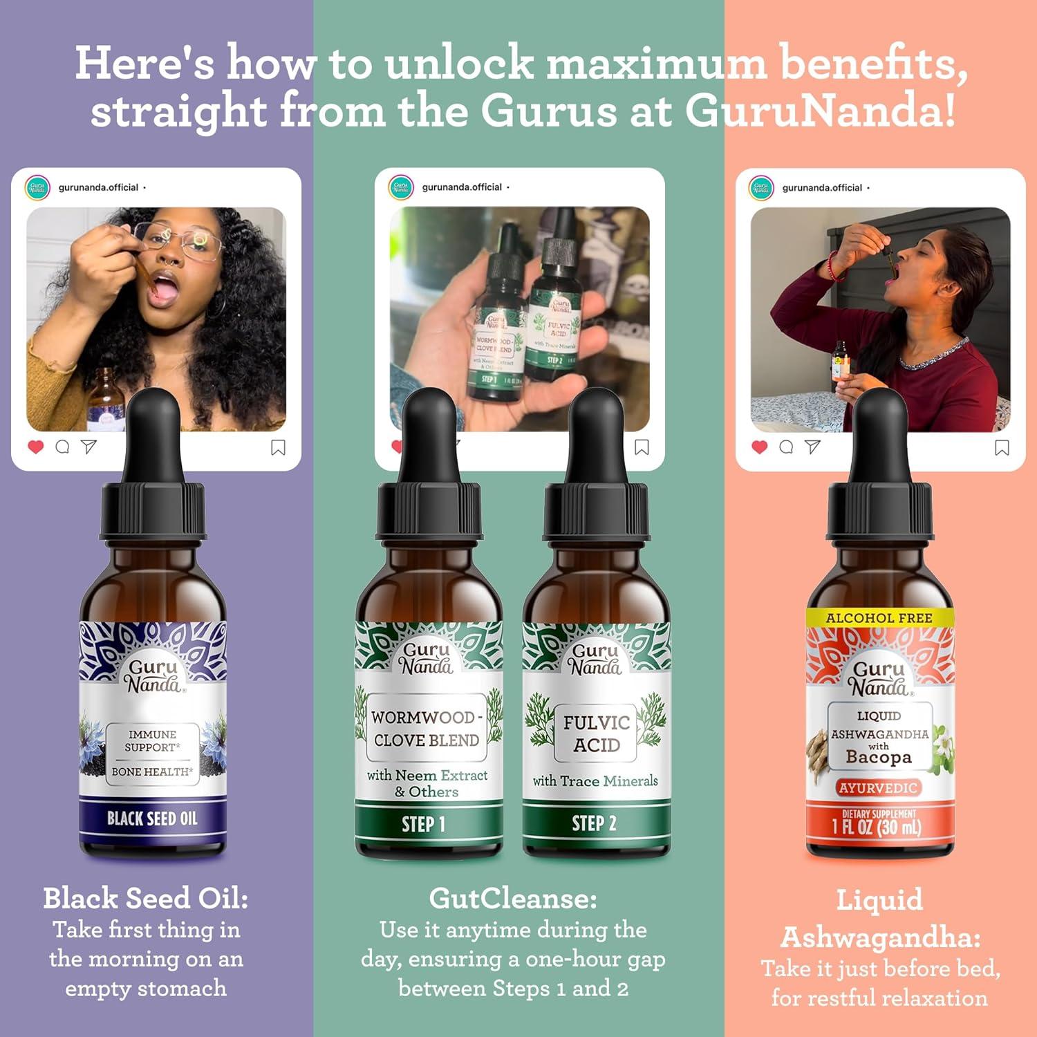 imageGuruNanda Total Wellness Boost with Liquid Ashwagandha Black Seed Oil ampamp GutCleanse Helps with Immunity and Mind Care