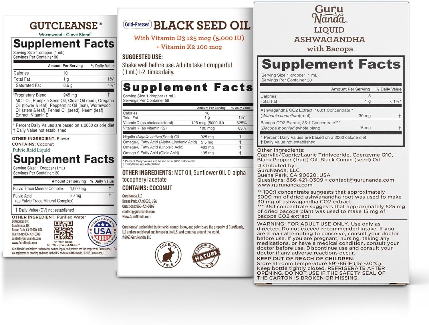 imageGuruNanda Total Wellness Boost with Liquid Ashwagandha Black Seed Oil ampamp GutCleanse Helps with Immunity and Mind Care