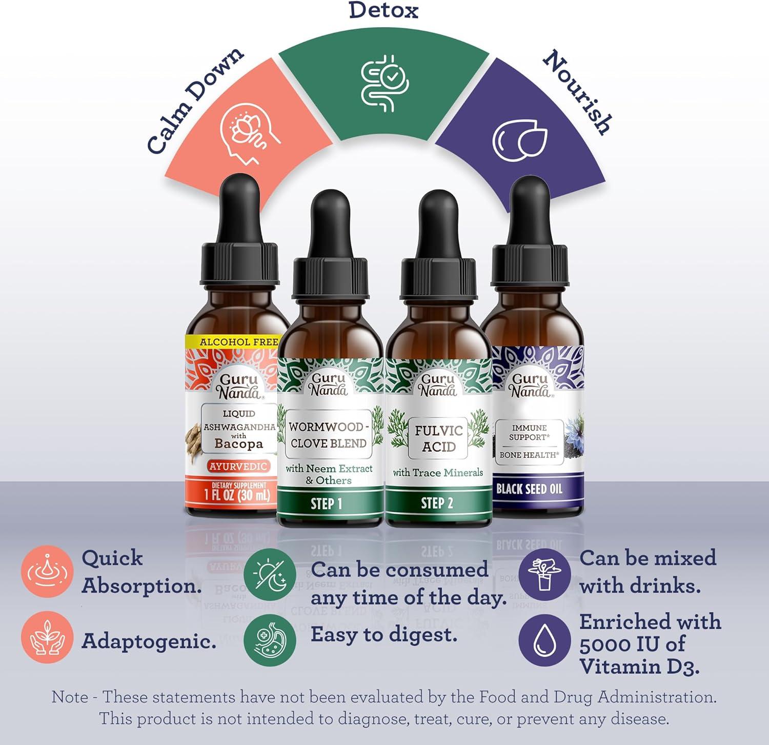 imageGuruNanda Total Wellness Boost with Liquid Ashwagandha Black Seed Oil ampamp GutCleanse Helps with Immunity and Mind Care