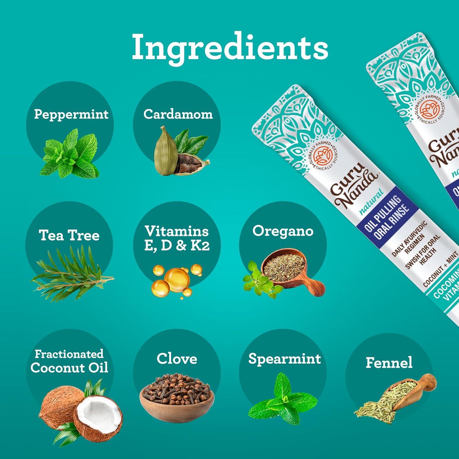 imageGuruNanda Travel Sachets Coconut Oil Pulling Fresh Breath Mouthwash 7 Essential Oils ampamp Vitamins for Happy Teeth ampamp Gums 7 Sachets04 Fl Oz Pack of 28