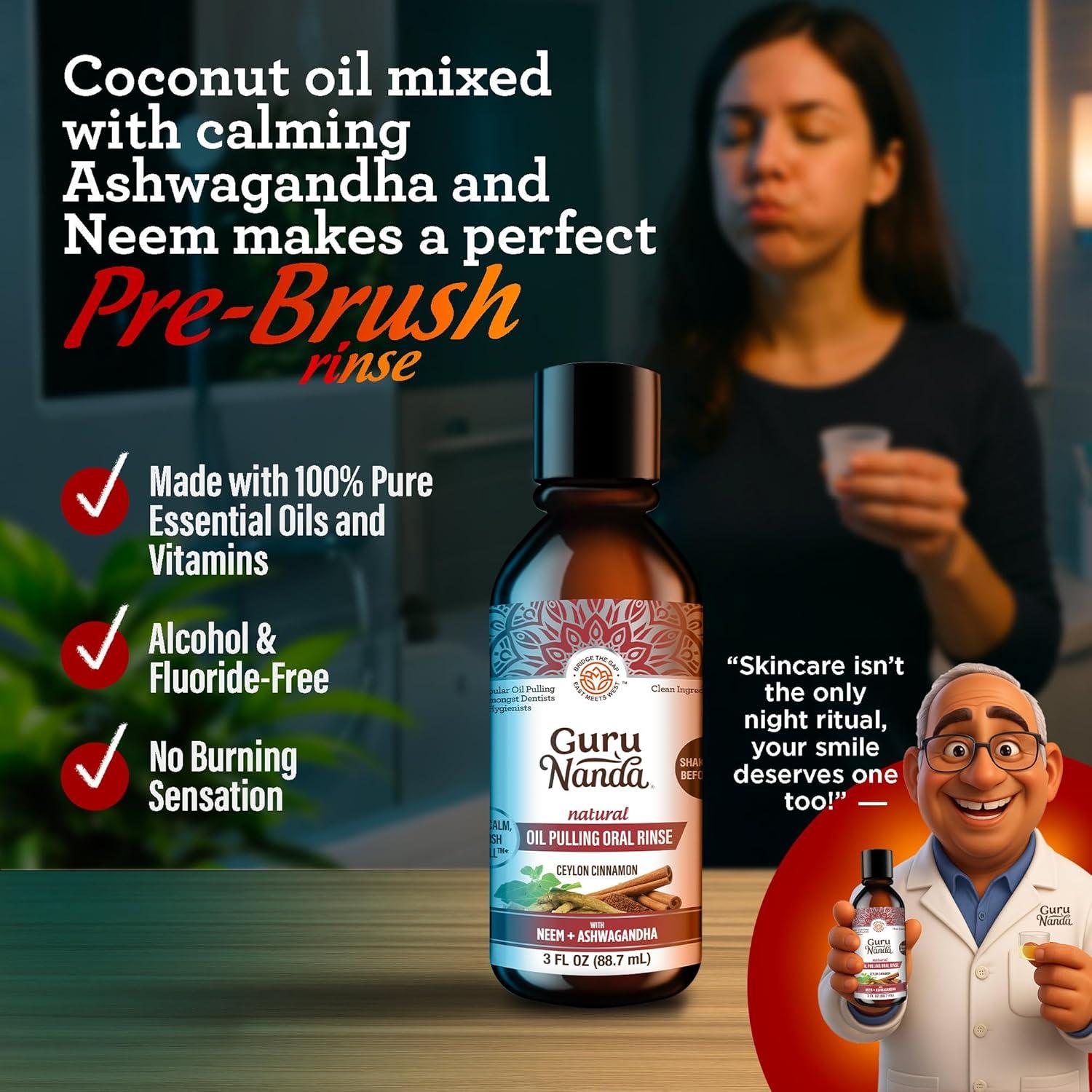 imageGuruNanda Travel Size CocoMint Oil Pulling Mouthwash 7 Essential Oils ampamp Vitamins Promotes Fresh Breath ampamp Happy Gums No Alcohol ampamp Fluoride 3 ozNeemAshwagandha