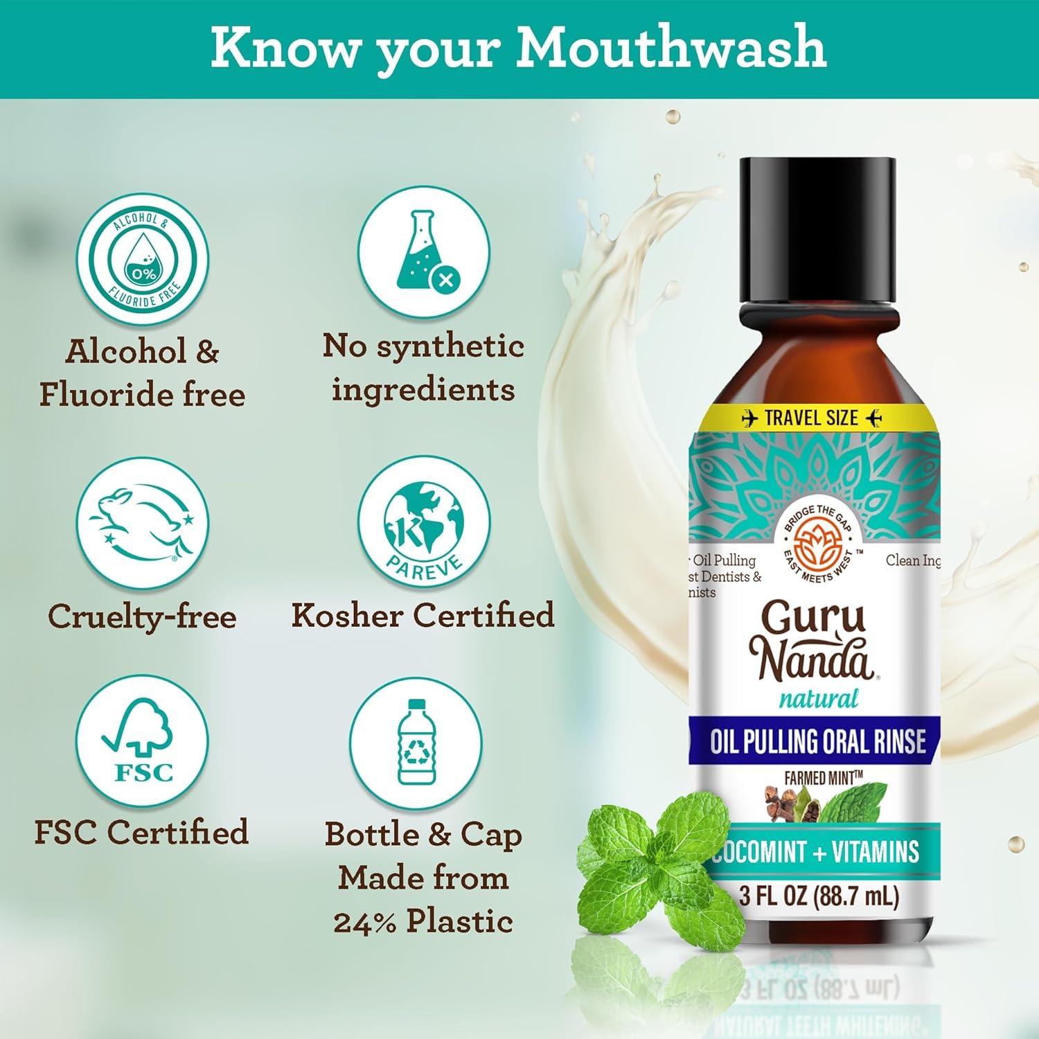 imageGuruNanda Travel Size CocoMint Oil Pulling Mouthwash 7 Essential Oils ampamp Vitamins Promotes Fresh Breath ampamp Happy Gums No Alcohol ampamp Fluoride 3 ozCocomintVitamins
