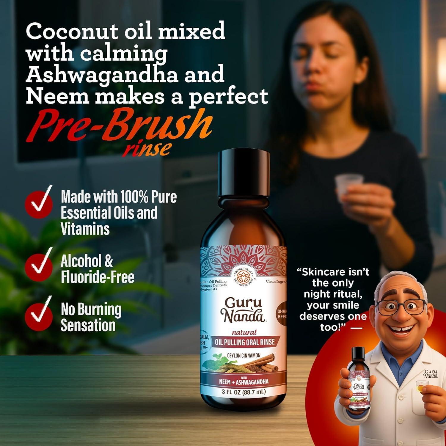 imageGuruNanda Travel Size CocoMint Oil Pulling Mouthwash 7 Essential Oils ampamp Vitamins Promotes Fresh Breath ampamp Happy Gums No Alcohol ampamp Fluoride 3 ozNeemAshwagandha