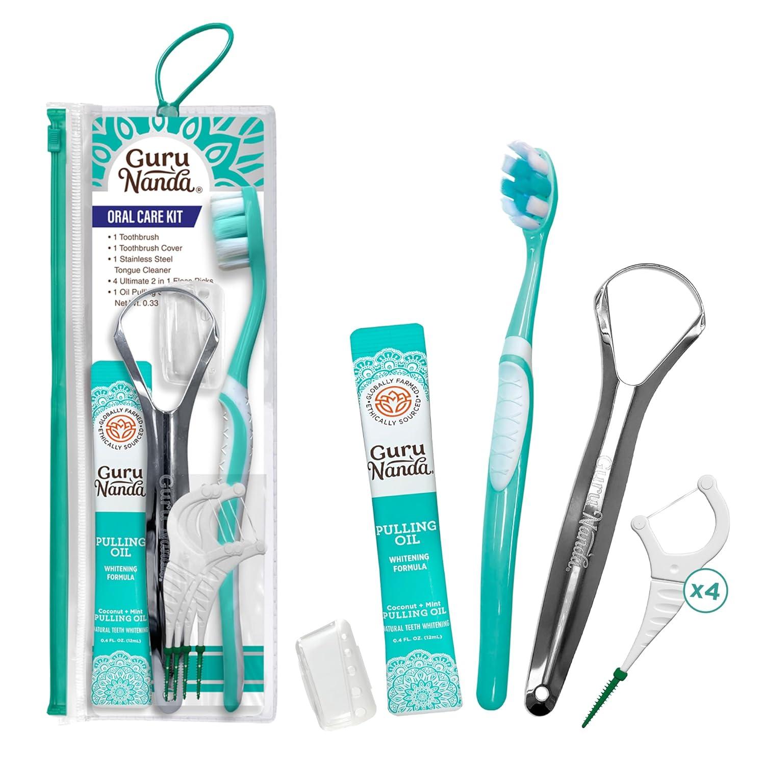 imageGuruNanda TravelFriendly Oral Care Kit 1 Butter on Gums Toothbrush 1 Tongue Scraper 4 DualAction Floss Picks 1 Coconut ampamp Mint Oil Pulling SachetTeal