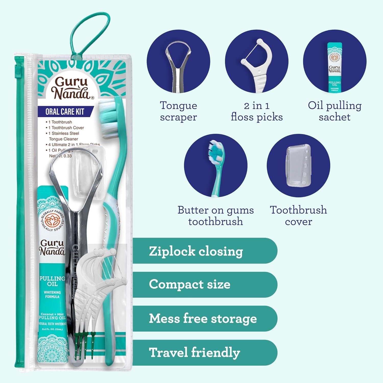 imageGuruNanda TravelFriendly Oral Care Kit 1 Butter on Gums Toothbrush 1 Tongue Scraper 4 DualAction Floss Picks 1 Coconut ampamp Mint Oil Pulling SachetTeal