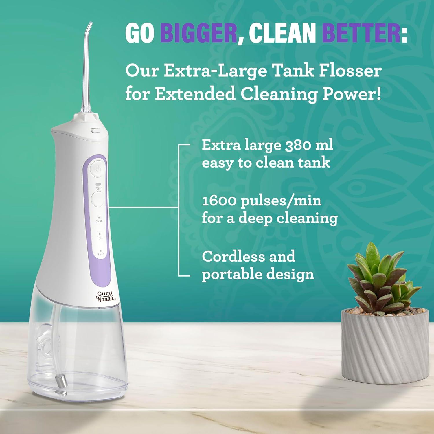 imageGuruNanda Water Dental Flosser 20 XL 380ML Large Tank 4 Flossing Modes Cordless ampamp Portable with Smart Timer for Deep Cleaning ampamp Happy Gums WhiteLavender