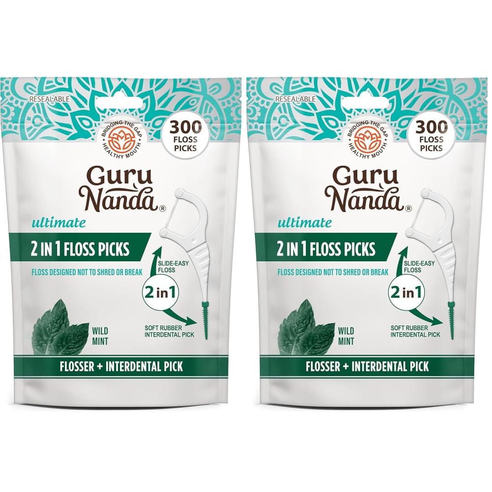 imageGuruNanda 2 in 1 Dental Floss Picks  NonSlip Grip Handle Slide Easy No Break or Shred Flosser  Complete Oral Care with Interdental Pick for Healthy Teeth ampamp Gums  Mint Flavor 300 Count 1 Pack300 Count Pack of 2