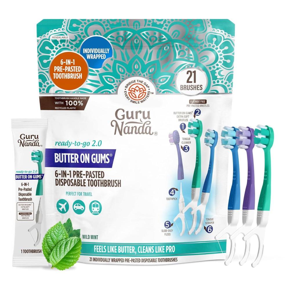 imageGuruNanda 6in1 ReadytoGo Disposable Toothbrush PrePasted Butter on Gums Softex Bristles Floss ampamp Toothpick Tongue ampamp Cheek Cleaner Individually Wrapped ampamp TSA Friendly 21 Ct