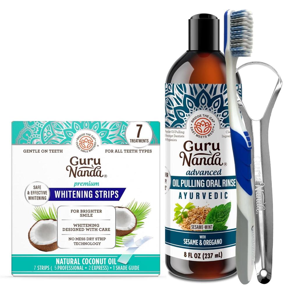 imageGuruNanda Advanced Oil Pulling with Tongue Scraper ampamp Teeth Whitening Strips 7 Treatments with 14 Strips EnamelSafe Strips for Sensitive Teeth
