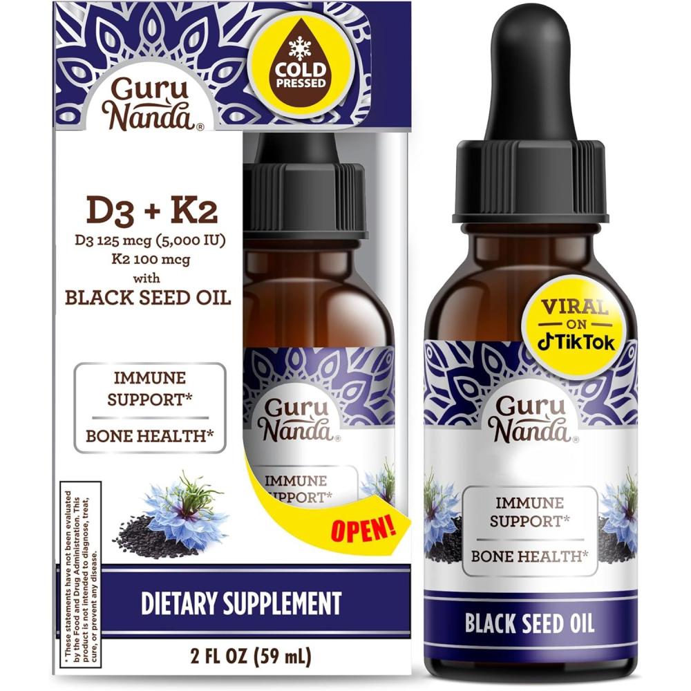 imageGuruNanda Black Seed Oil ColdPressed Nigella Sativa Rich in Vitamin D3 5000 Units K2 ampamp E High Thymoquinone Potent Antioxidant for Immune Support NonGMO 2 FlozSeed Oil