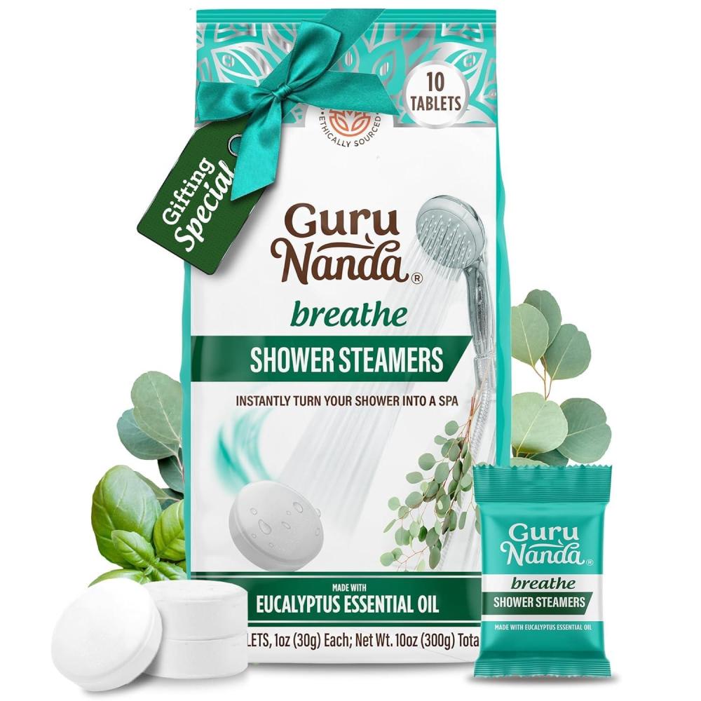 imageGuruNanda Breathe Shower Steamers for Aromatherapy 10 Pack Relaxation Gifts for Women ampamp Men with Essential Oils Stress ampamp Congestion Relief Self CareBreathe Eucalyptus