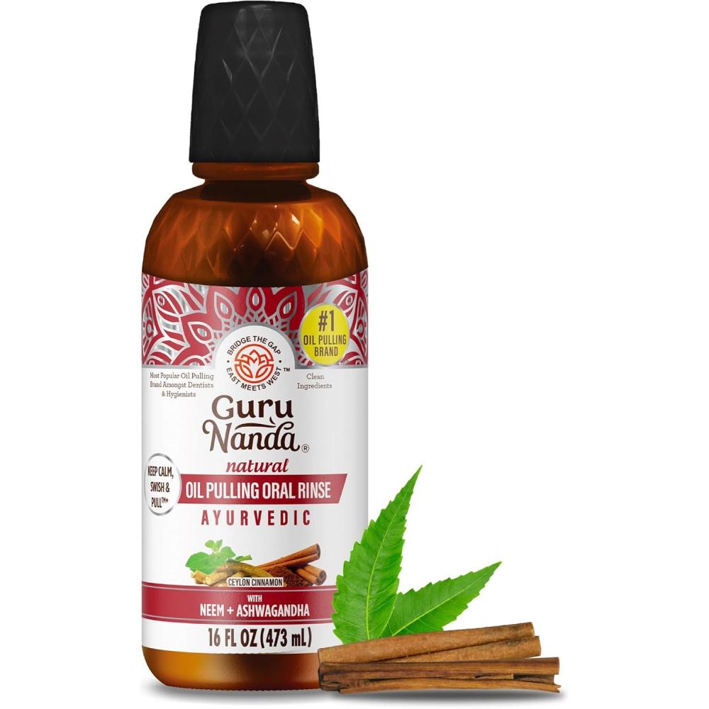 imageGuruNanda Cinnamon Oil Pulling Mouthwash Promotes Calmness with Neem ampamp Ashwagandha for Fresh Breath ampamp Happy Gums AlcoholFree with Toothbrush ampamp Tongue Scraper 8 Oz16 Fl Oz Pack of 1