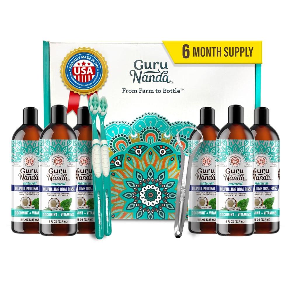 imageGuruNanda CocoMint Oil Pulling Mouthwash for Complete Oral Hygiene 7 Essential Oils ampamp Vitamins for Happy Teeth ampamp Gums ampamp Fresh Breath AlcoholFree 16 oz8 Fl Oz Pack of 6