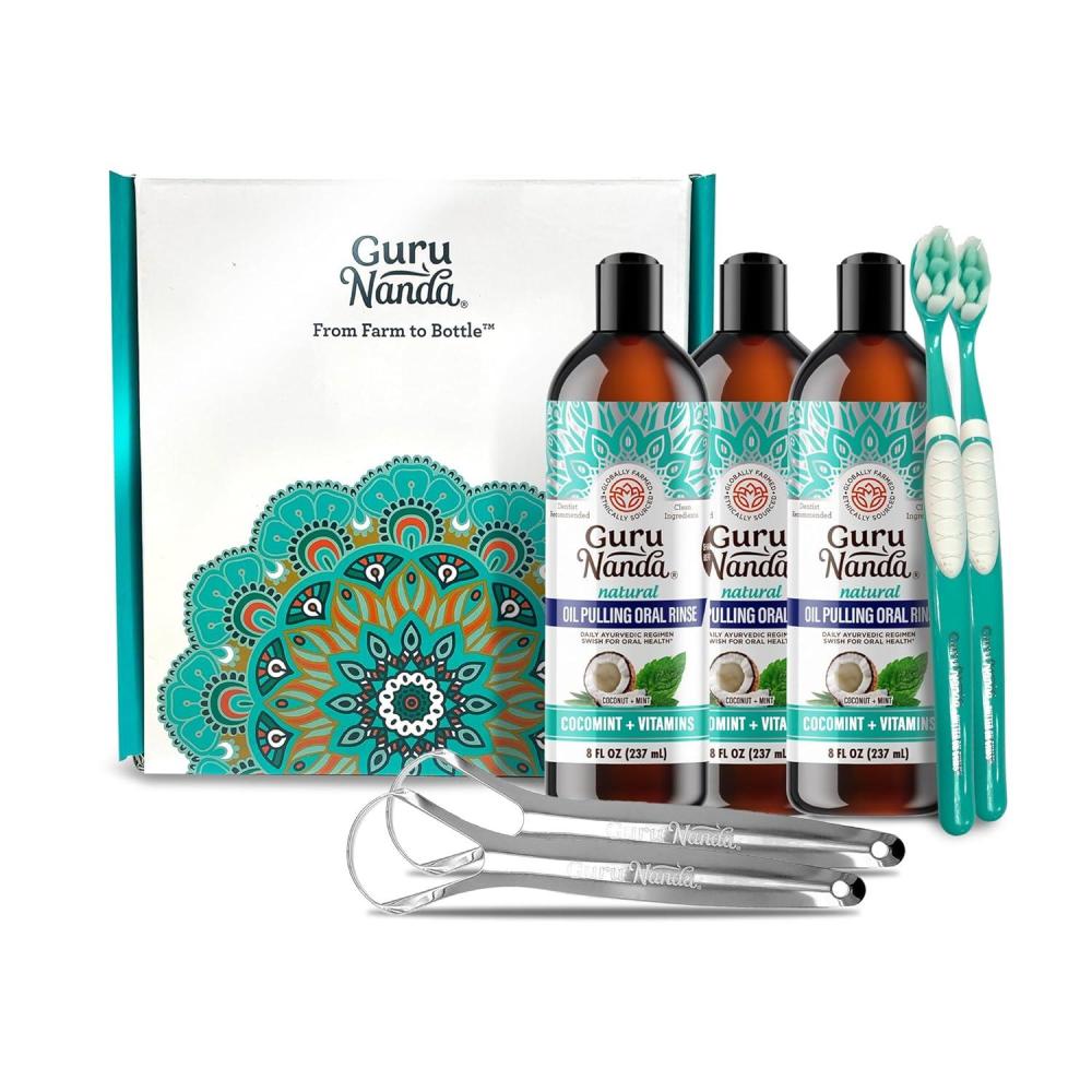 imageGuruNanda CocoMint Oil Pulling Mouthwash for Complete Oral Hygiene 7 Essential Oils ampamp Vitamins for Happy Teeth ampamp Gums ampamp Fresh Breath AlcoholFree 16 oz8 Fl Oz Pack of 3