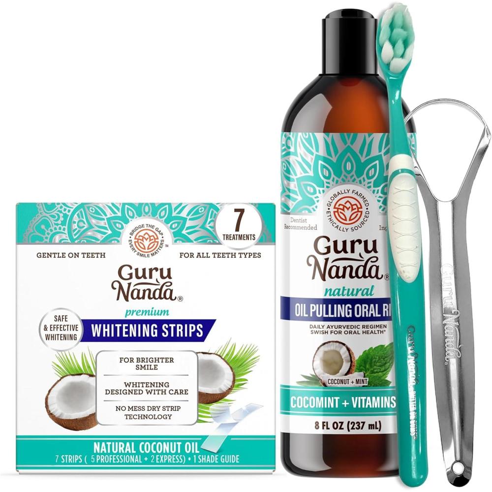 imageGuruNanda Coconut ampamp Mint Oil Pulling with Tongue Scraper ampamp Teeth Whitening Strips 7 Treatments with 14 Strips EnamelSafe Strips for Sensitive Teeth